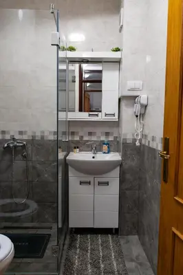 a bathroom with a sink and a shower at Valia apartments in Belgrade
