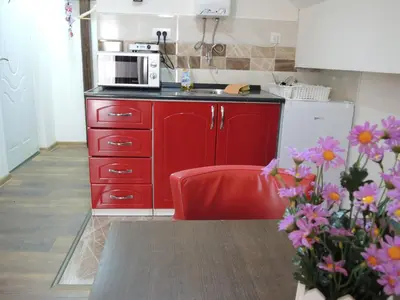 a kitchen with red cabinets and a microwave at Apartmani Beograd 43 in Belgrade