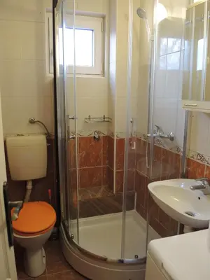 a bathroom with a shower and a toilet and a sink at Apartmani Beograd 43 in Belgrade