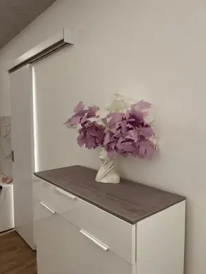 a vase with purple flowers sitting on a counter at S class apartment in Novi Grad
