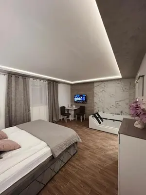 a bedroom with a bed and a living room at S class apartment in Novi Grad