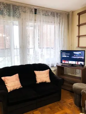 a living room with a black couch and a television at Maki NBG in Belgrade