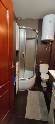 a bathroom with a shower and a toilet and a sink at Apartman Irena in Mali Mokri Lug