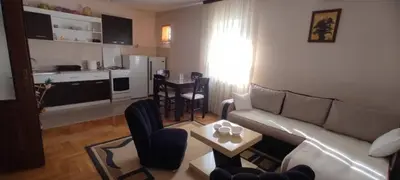a living room with a couch and a table at Apartman Irena in Mali Mokri Lug