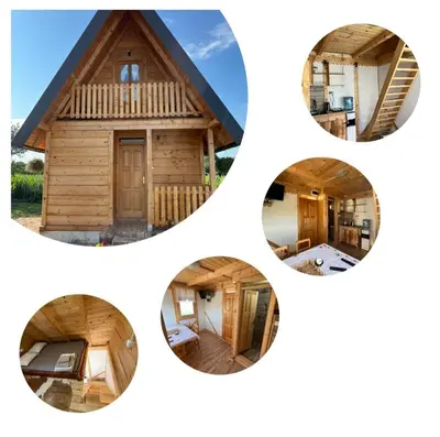 a collage of photos of a wooden house at Kućica naša bajka in Kupinovo