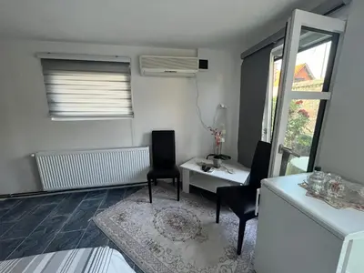 a living room with two chairs and a table and a window at R&H apartmani in Slankamenački Vinogradi