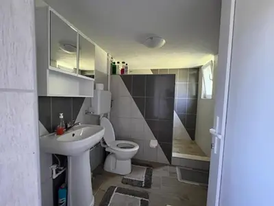 a bathroom with a toilet and a sink and a shower at R&H apartmani in Slankamenački Vinogradi