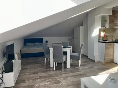 a room with a table and chairs and a bed at Apartman 24 in Arandjelovac