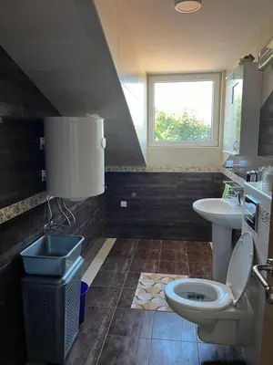 a bathroom with a toilet and a sink and a window at Apartman 24 in Arandjelovac