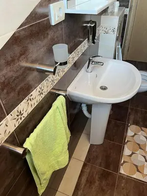 a bathroom with a white sink and a green towel at Apartman 24 in Arandjelovac