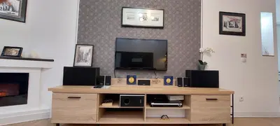 a wooden entertainment center with a television and speakers at Apartment Roosevelt in Belgrade