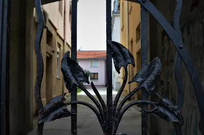a black iron gate with a view of a building at Apartment Roosevelt in Belgrade
