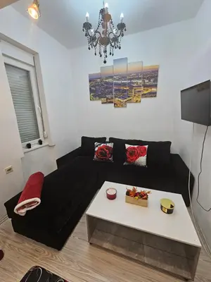 a living room with a black couch and a table at Alexis Apartman in Belgrade