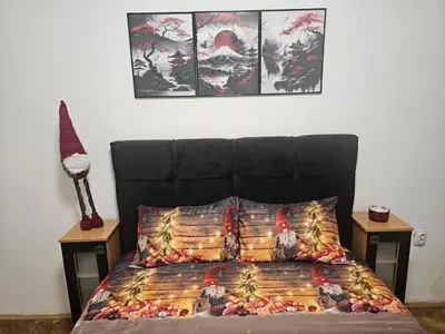a bed with a black headboard and pictures on the wall at Alexis Apartman in Belgrade