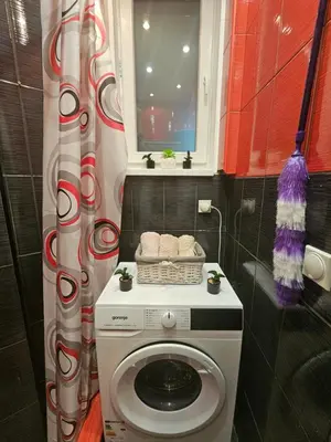 a small bathroom with a washing machine and a window at Alexis Apartman in Belgrade
