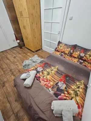 a bed in a room with two towels on it at Kalina Apartman in Belgrade