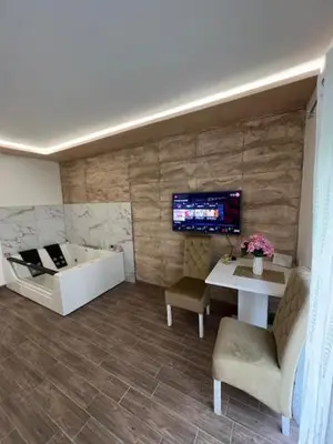 a living room with a tv on a wall at 5 star apartment in Novi Grad