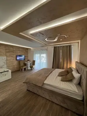 a bedroom with a large bed and a television at 5 star apartment in Novi Grad