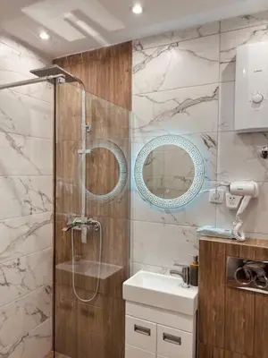 a bathroom with a shower and a sink and a mirror at 5 star apartment in Novi Grad