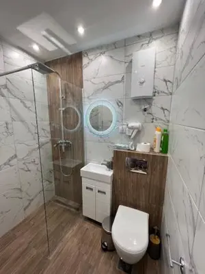 a bathroom with a shower and a toilet and a sink at 5 star apartment in Novi Grad