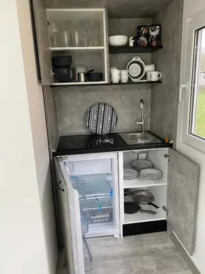 a small kitchen with a sink and a counter top at Danube Oasis Stevantown 1 in Stari Banovci