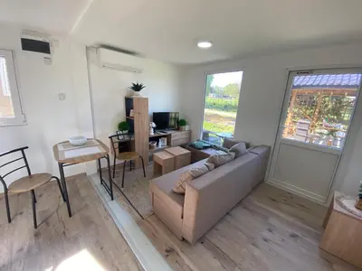 a living room with a couch and a table at Danube Oasis Stevantown 1 in Stari Banovci