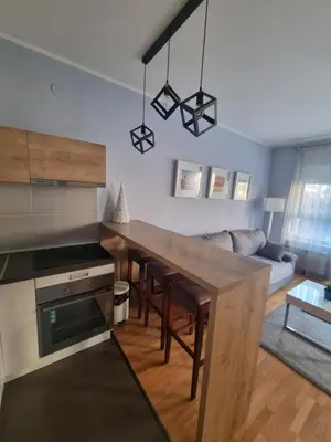 a kitchen and living room with a wooden table at Kaktus in Bežanija