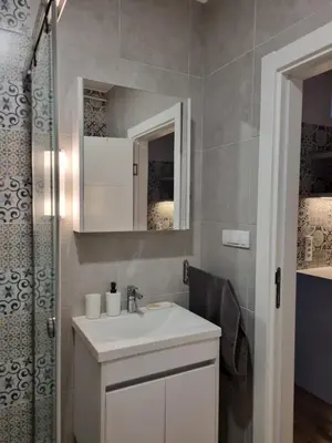 a bathroom with a white sink and a shower at The nest 31 in Irig