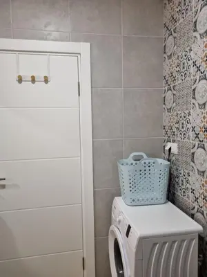 a laundry room with a washing machine in a bathroom at The nest 31 in Irig