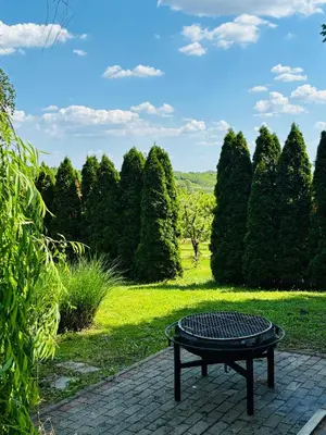 a bench sitting on a brick walkway in a garden at Stone villa in Fruška gora in Irig