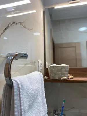 a bathroom with a mirror and a towel on a shelf at Apartmani Kolaković in Arandjelovac