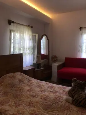 a bedroom with a bed and a red couch at Cica Vintage Eco House Near Lake in Crkvine