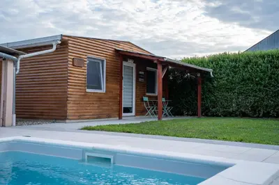 a log cabin with a pool in front of it at Seosko turističko domaćinstvo Tisa i Begej in Kni°anin