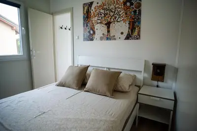 a bedroom with a white bed with a painting on the wall at Seosko turističko domaćinstvo Tisa i Begej in Kni°anin
