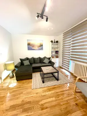 a living room with a couch and a table at Tiara Vracar Apartment in Belgrade