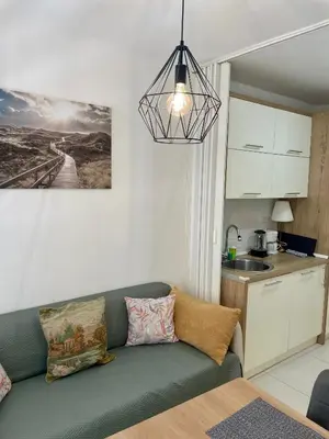 a living room with a couch and a kitchen at Tiara Vracar Apartment in Belgrade