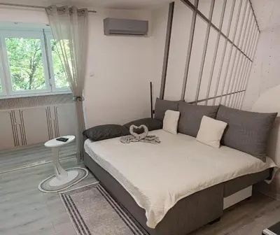 a bedroom with a large bed in a room at Studio Lara in Voždovac