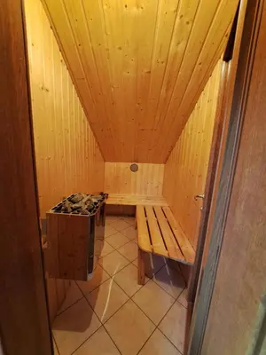 a small sauna with a bench and a stove at Ramonda house in Brestovik