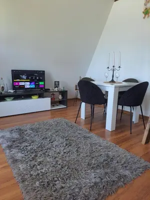 a dining room with a white table with chairs and a rug at Vikendica na Avali in Donja Ralja