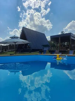 a swimming pool with a toy duck in the water at Vikendica na Avali in Donja Ralja