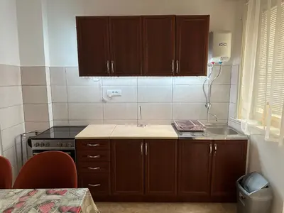 a small kitchen with wooden cabinets and a sink at petrov apartman in Belgrade