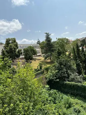 a view of a building through the trees at petrov apartman in Belgrade