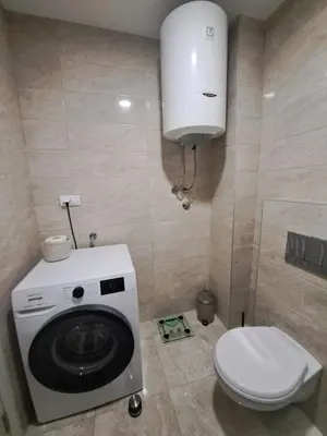 a bathroom with a washing machine and a toilet at Plavi Paun Apartman in Belgrade