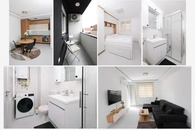a collage of photos of a bathroom and a living room at Apartman Biser 5 in Ruma