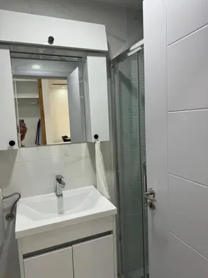 a bathroom with a sink and a glass shower at Apartman Biser 5 in Ruma
