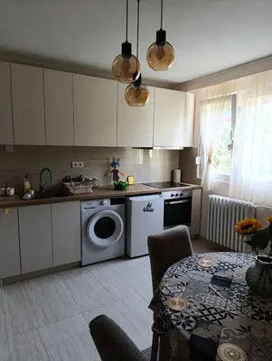 a kitchen with a washing machine and a table with chairs at Apartman Kokan in Obrenovac