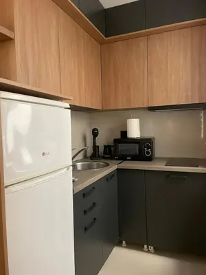 a kitchen with a white refrigerator and a microwave at Apartman Silver Bg in Kneževac