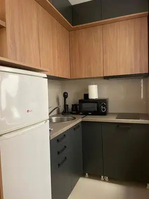 a kitchen with a white refrigerator and a microwave at Apartman Silver Bg in Kneževac