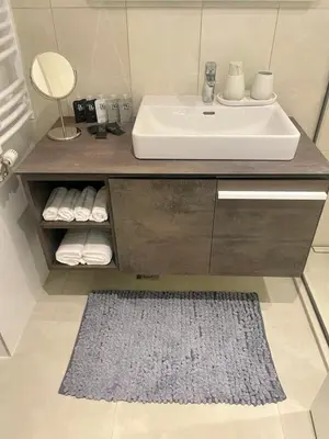 a bathroom with a sink and a mirror and a rug at Belgrade Waterfront BW Sava Aqua in Sajmište