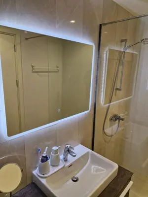 a bathroom with a sink and a shower and a mirror at Belgrade Waterfront BW Sava Aqua in Sajmište